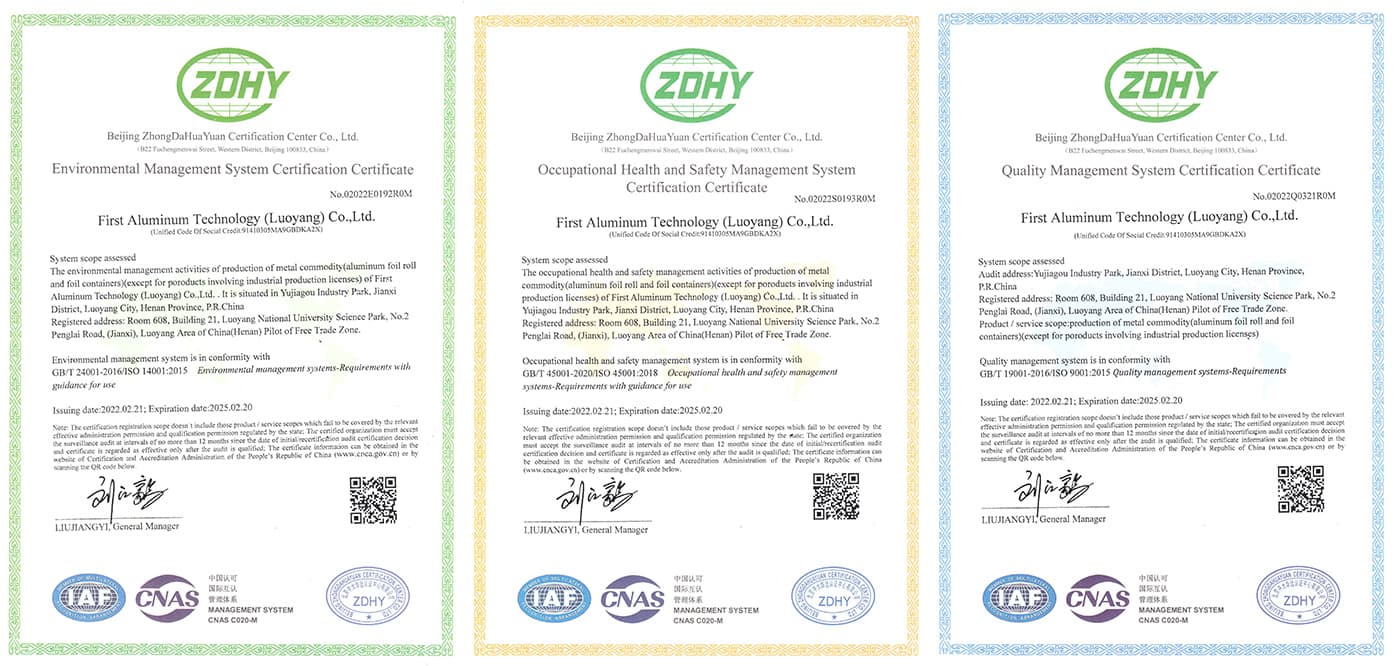 First Aluminum Technology (Luoyang) Co.,Ltd has been certificated with ISO Management System