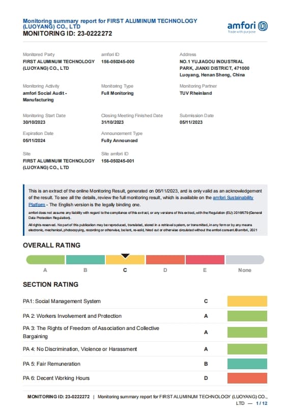 First Aluminum Technology (Luoyang) Co., Ltd is thrilled to announce the successful acquisition of the BSCI certificate!
