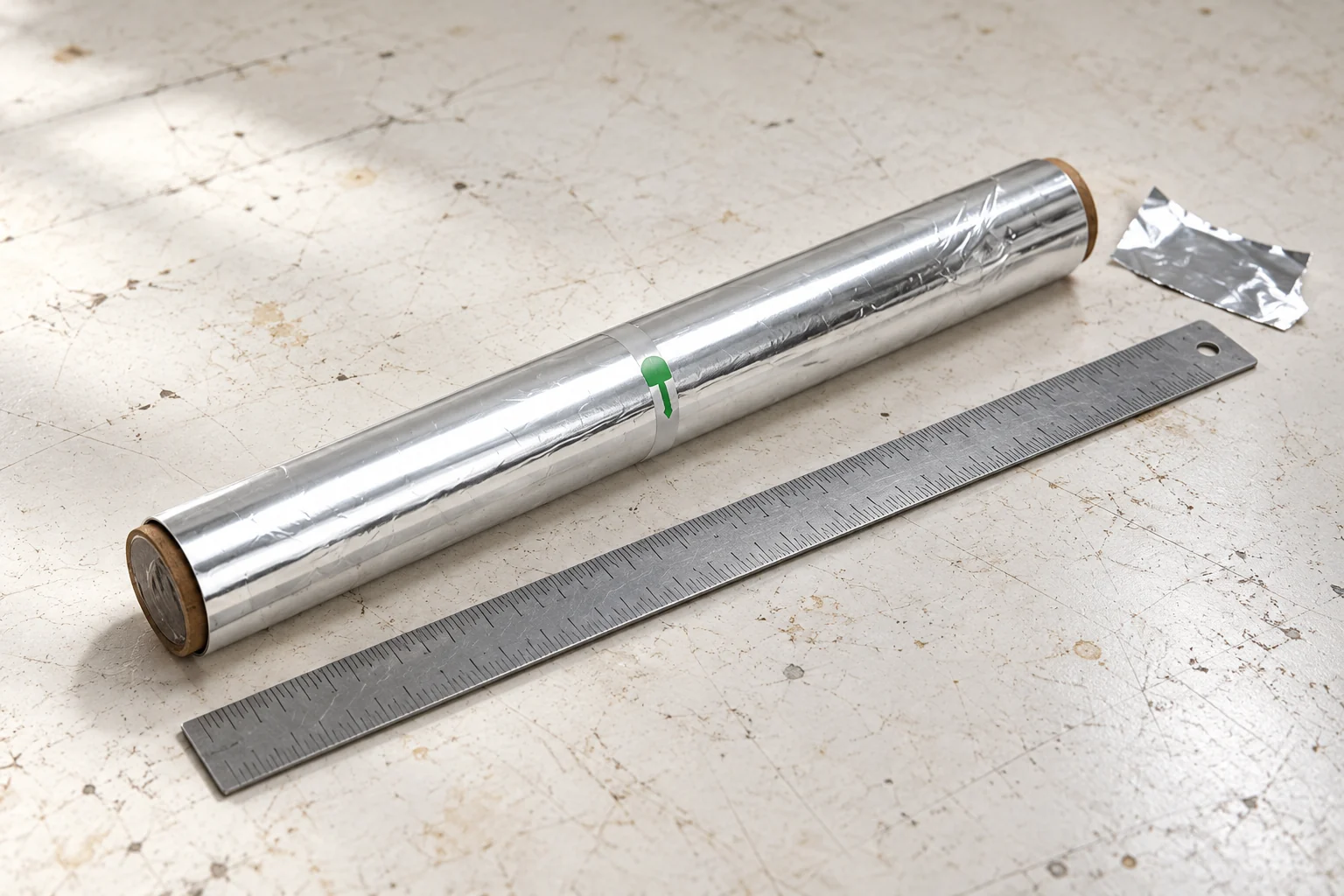 Silver-colored foil roll beside a metal ruler and a small foil offcut