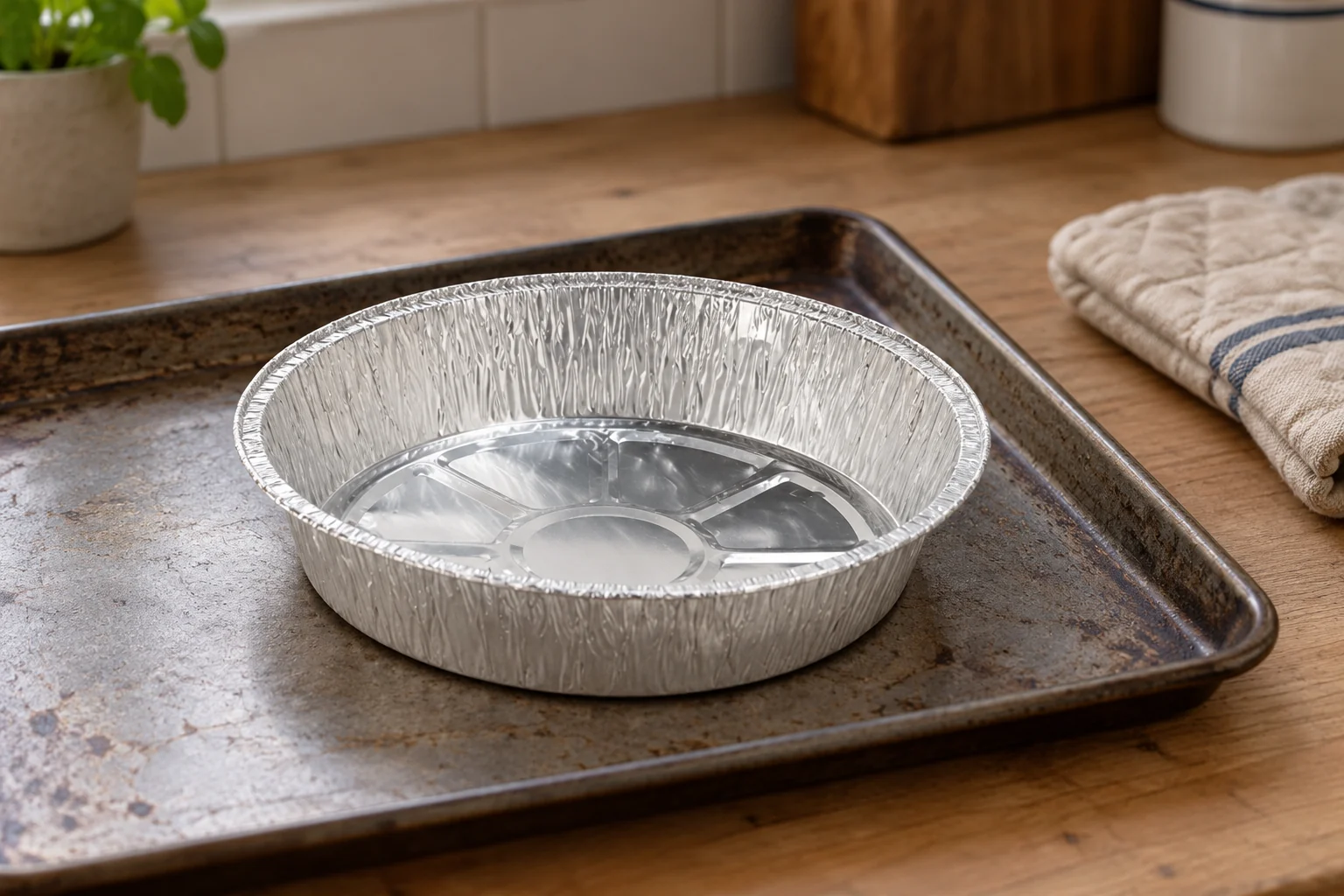 Empty round foil pan resting on a reusable baking sheet
