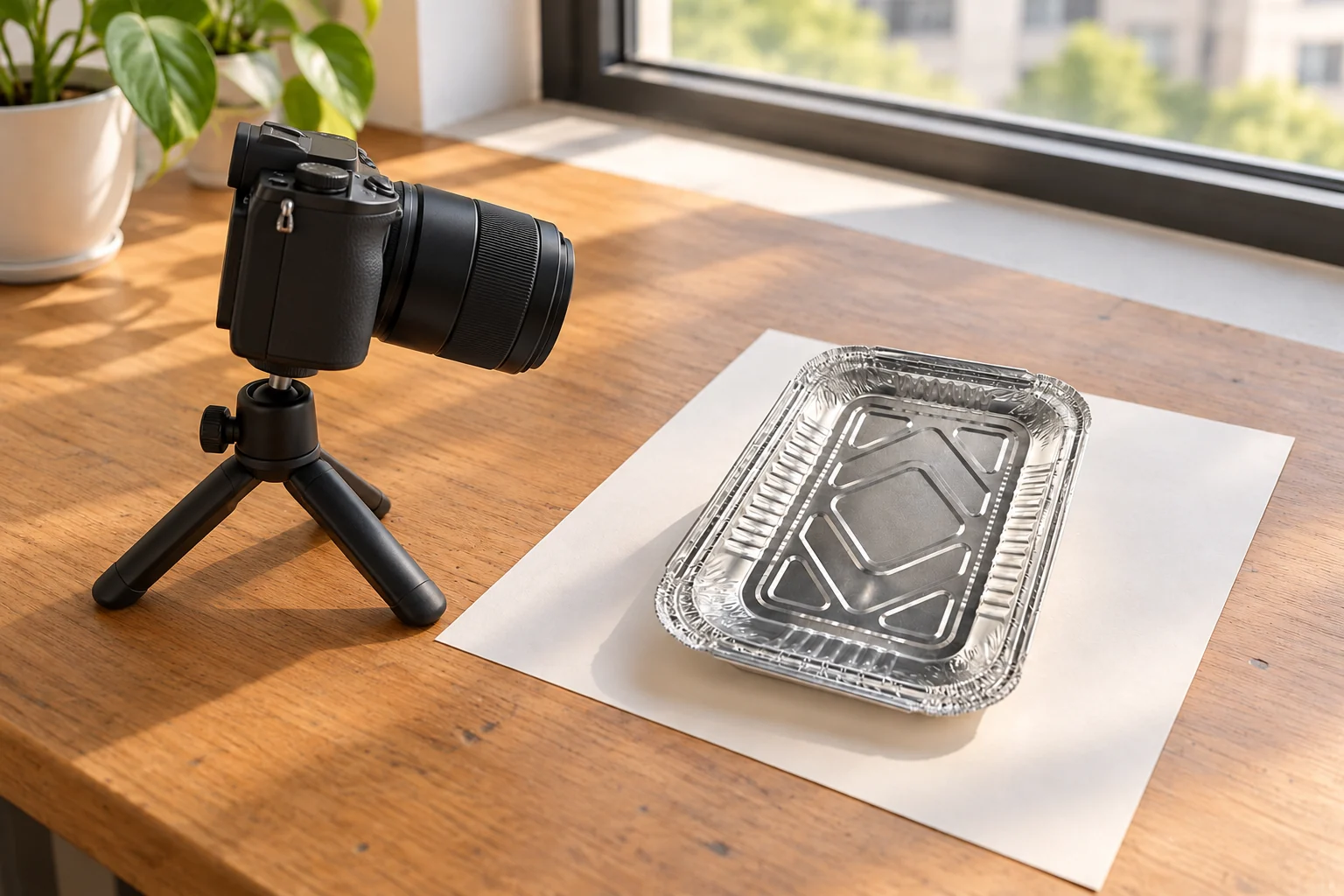 Empty rectangular foil tray on plain paper beside a camera on a small tripod