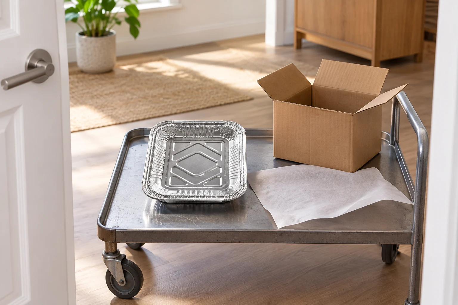 Empty foil tray beside an open plain carton and loose protective paper on a trolley