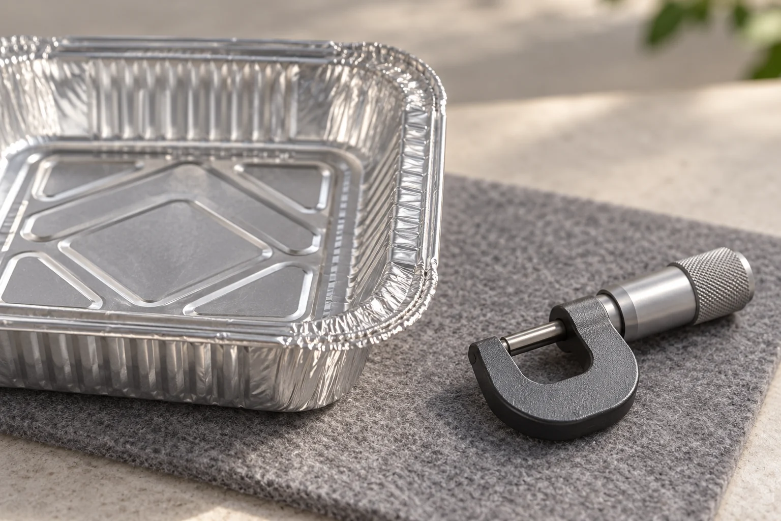 Close view of an empty foil tray rim beside a separate micrometer with no readable scale