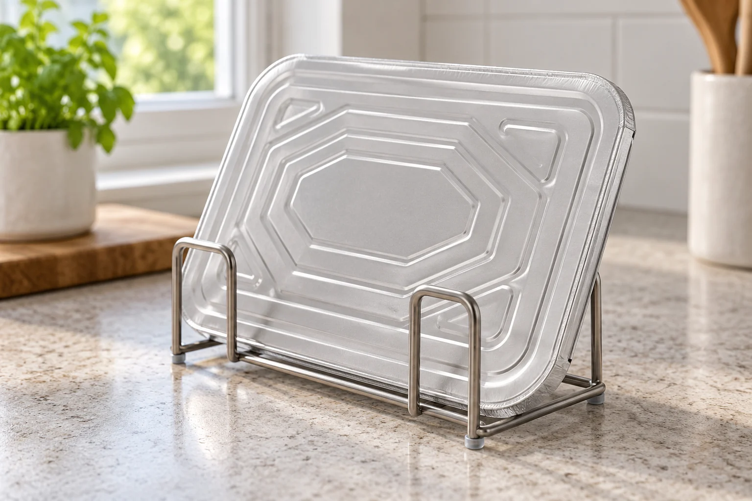 Detached embossed rectangular foil lid supported upright in a wire organizer on a counter