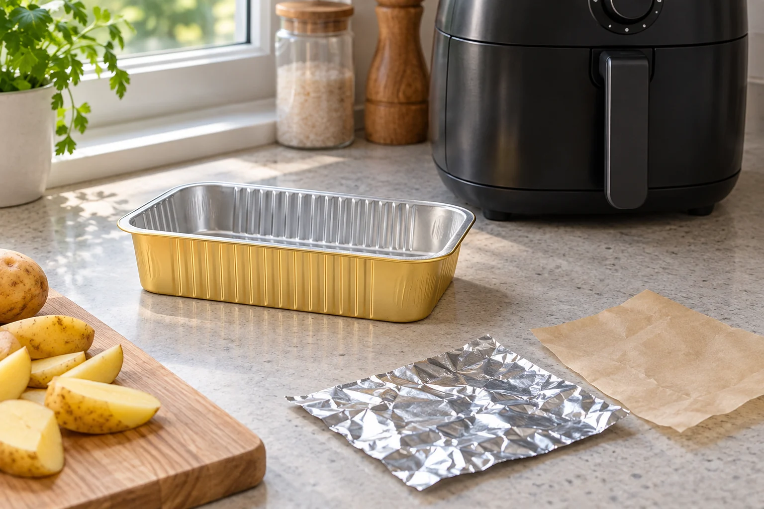 Foil, parchment and an empty rectangular tray on a counter outside a closed air fryer
