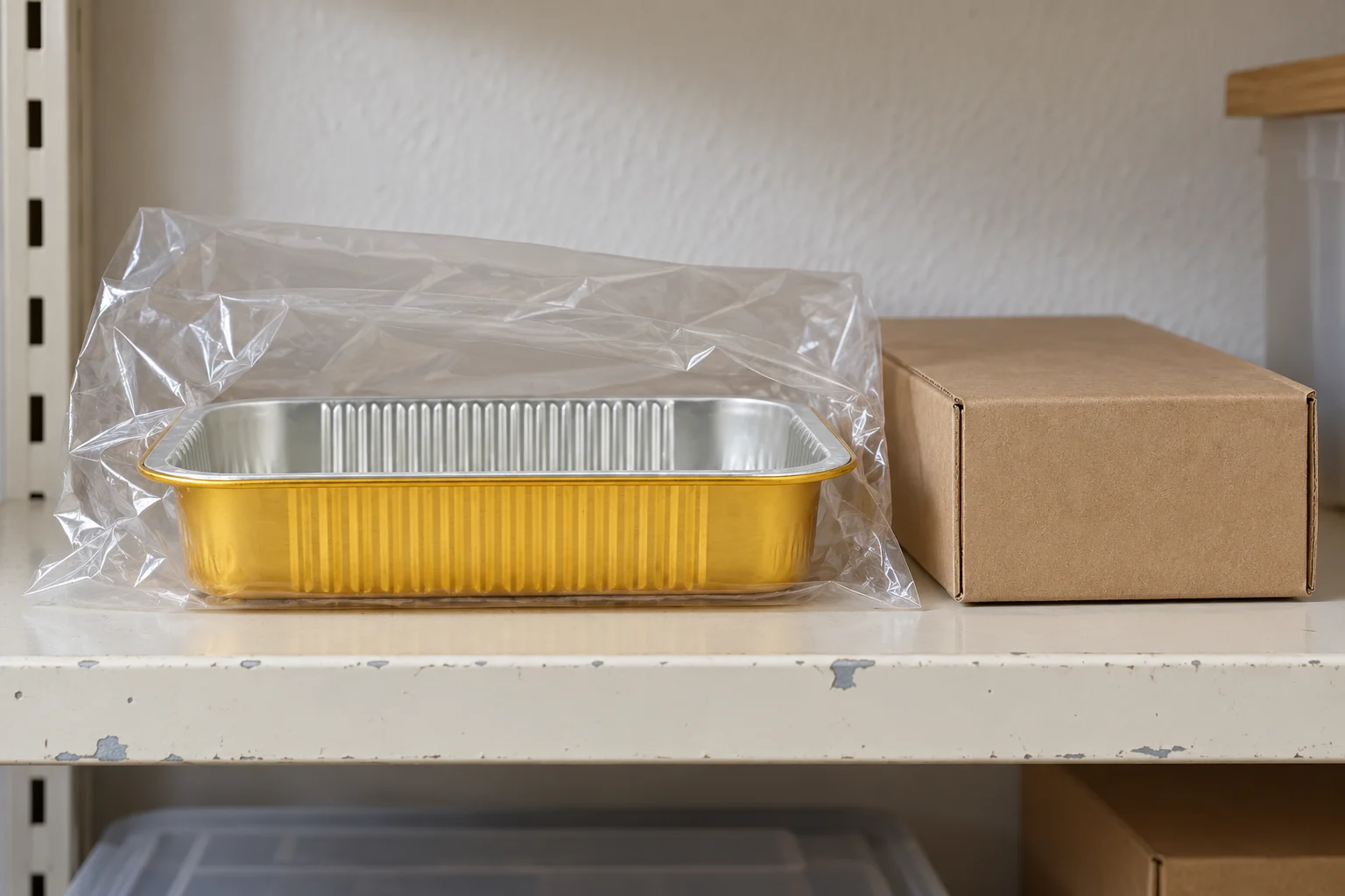 Empty shallow gold-colored tray in a loose clear bag beside a plain box on a shelf