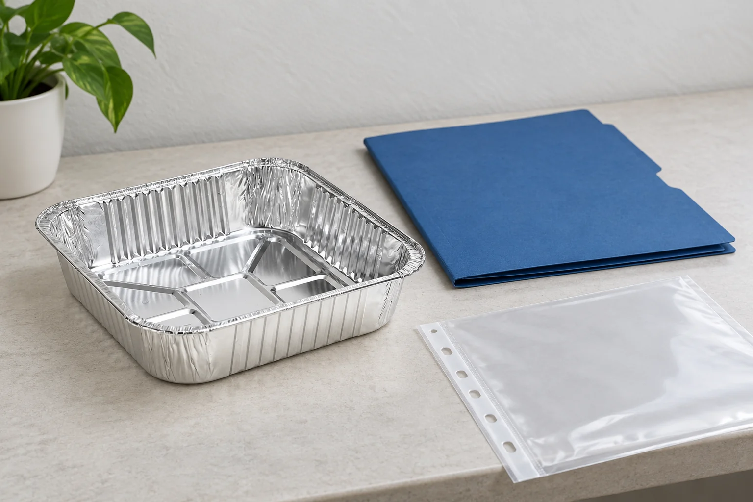 Empty square foil tray beside a closed blue folder and an empty clear document sleeve