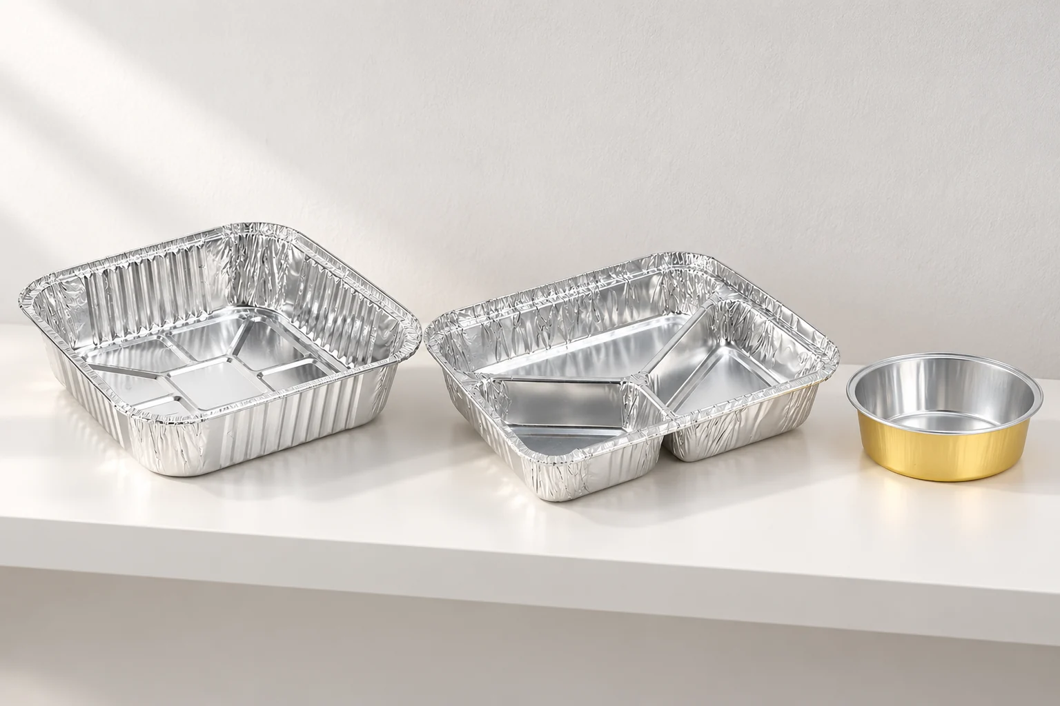 Empty square foil tray, three-compartment tray and small gold-colored round tray on a white shelf