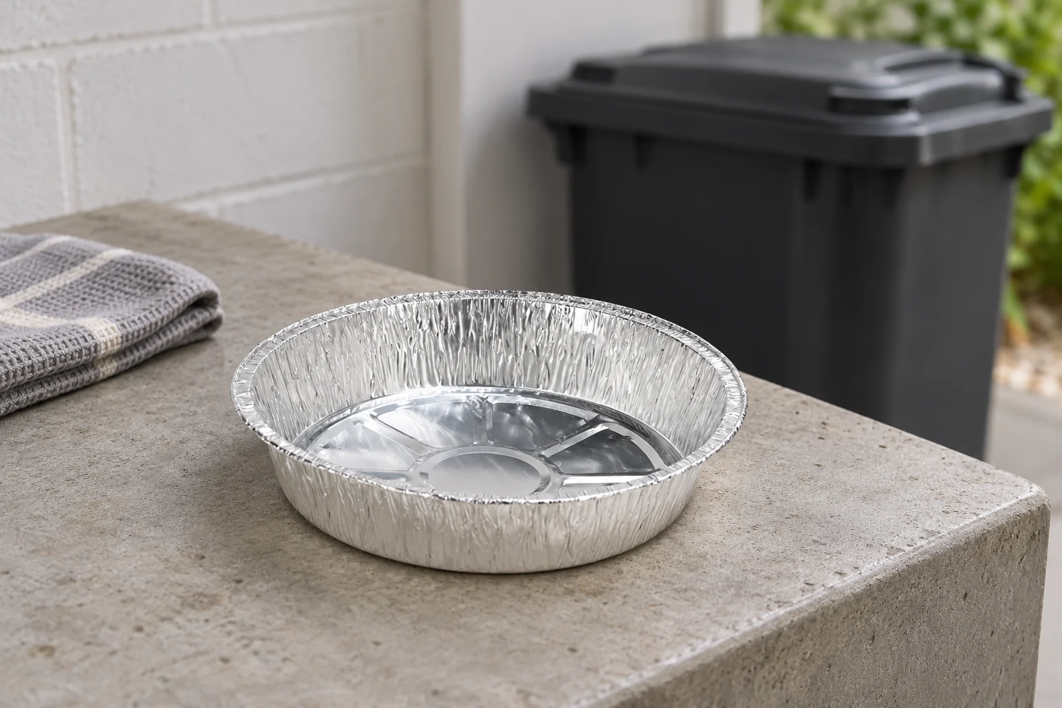 Empty round foil pan on a utility ledge with a separate cloth and a closed unmarked bin behind