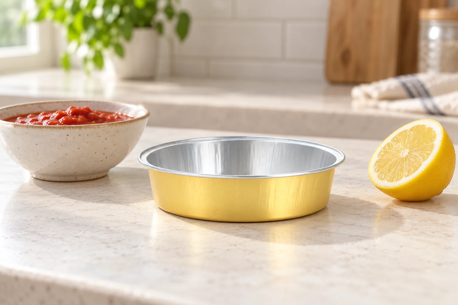Empty gold-colored round tray beside a separate ceramic bowl of tomato sauce and half a lemon