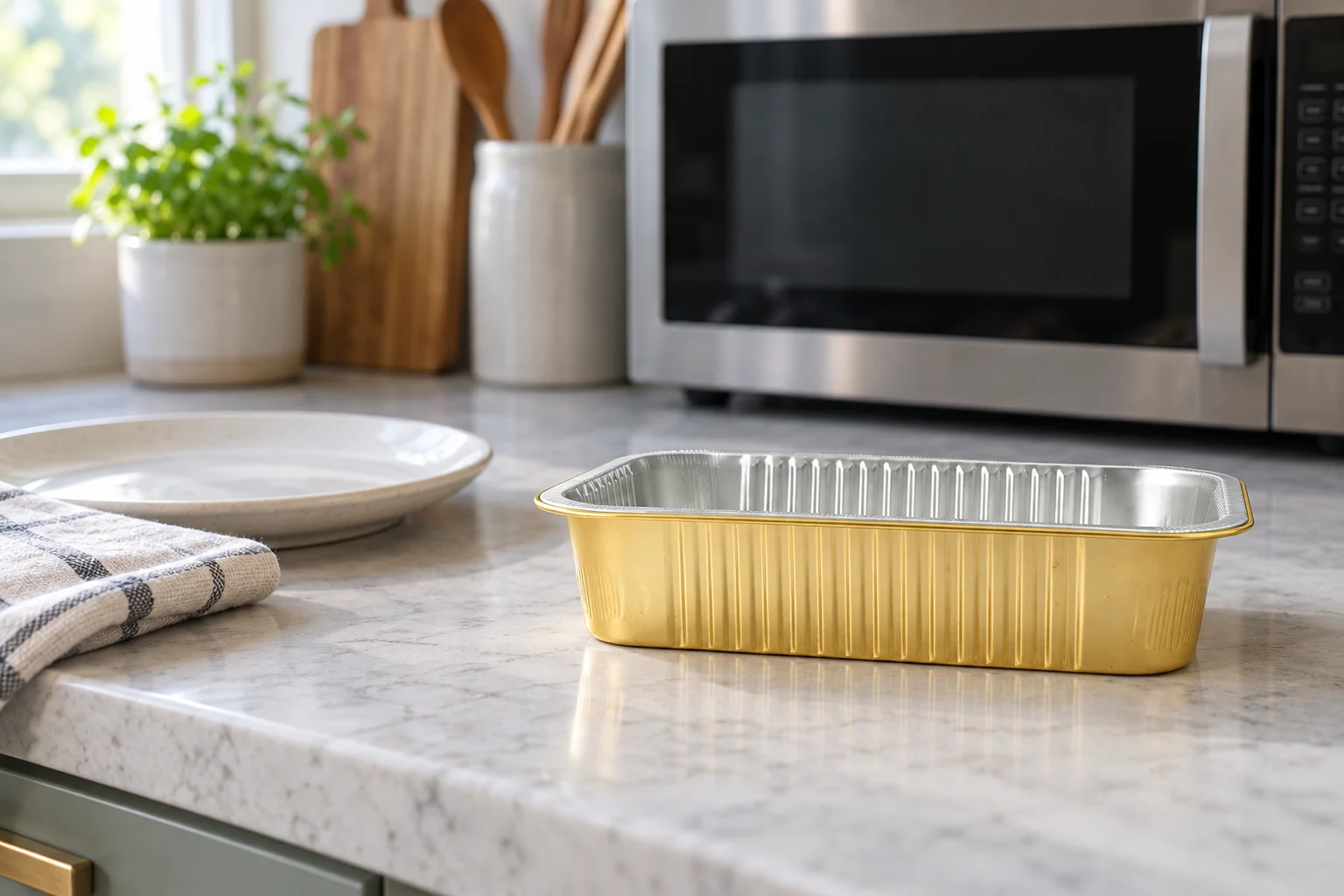 Empty rectangular tray on a counter outside a closed microwave with a dark display