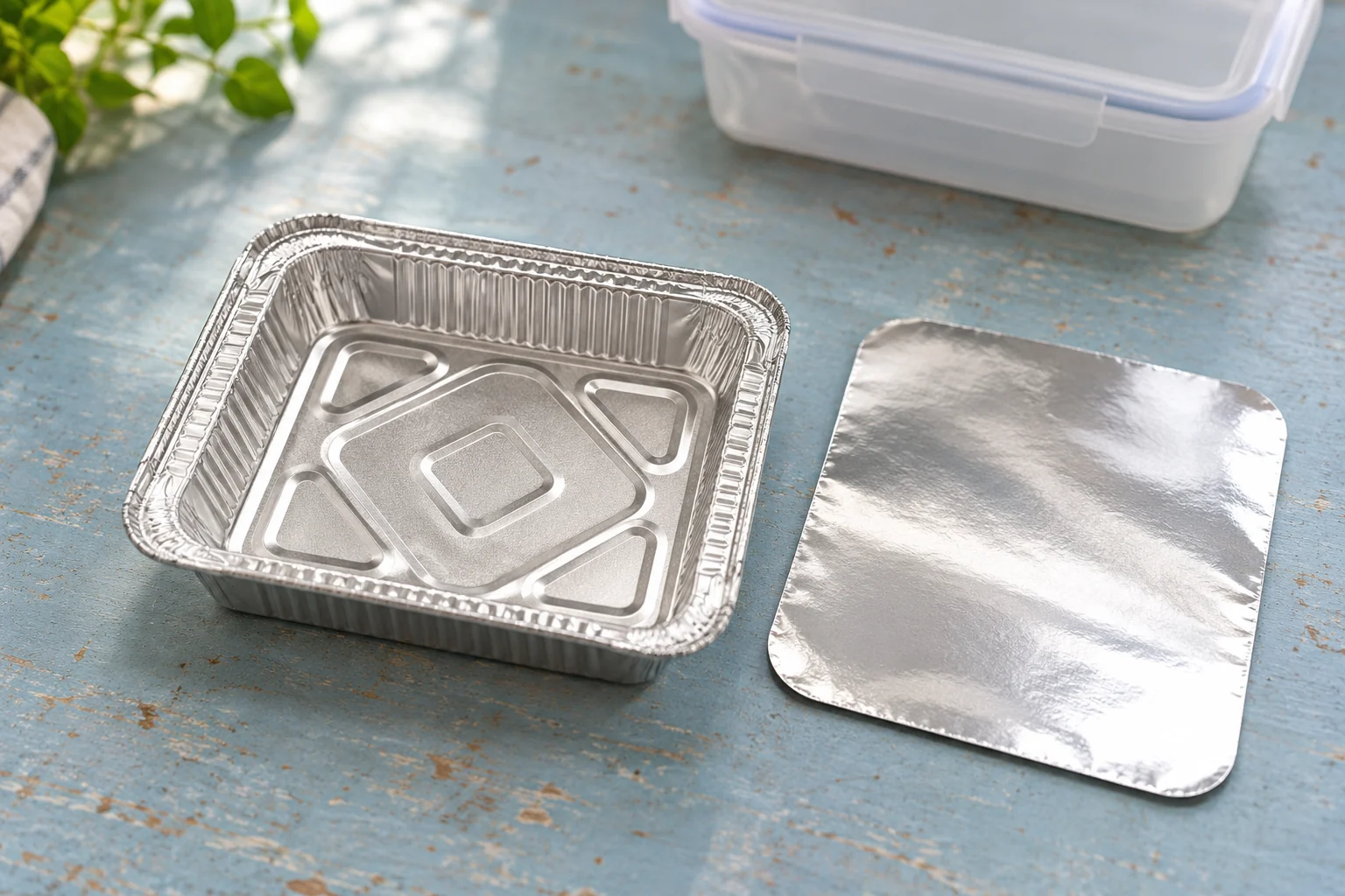 Empty rectangular foil tray and separate silver-colored lid on a blue worktop