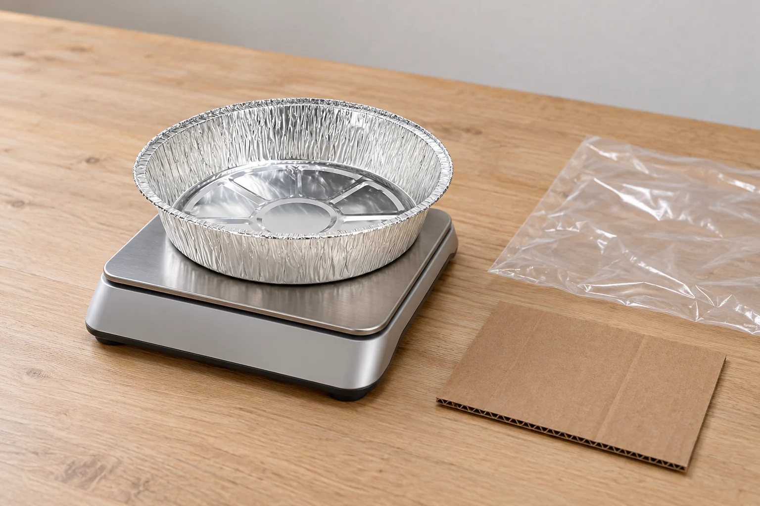 Empty round foil pan on a scale with its display hidden, beside cardboard and a clear bag