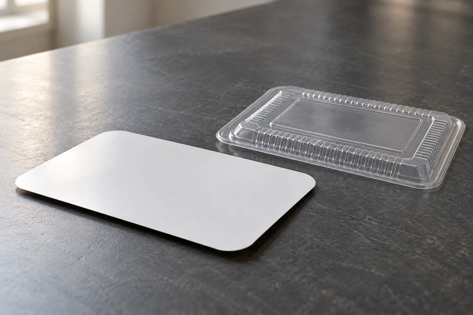 White-faced lid and clear molded lid resting separately on a dark tabletop