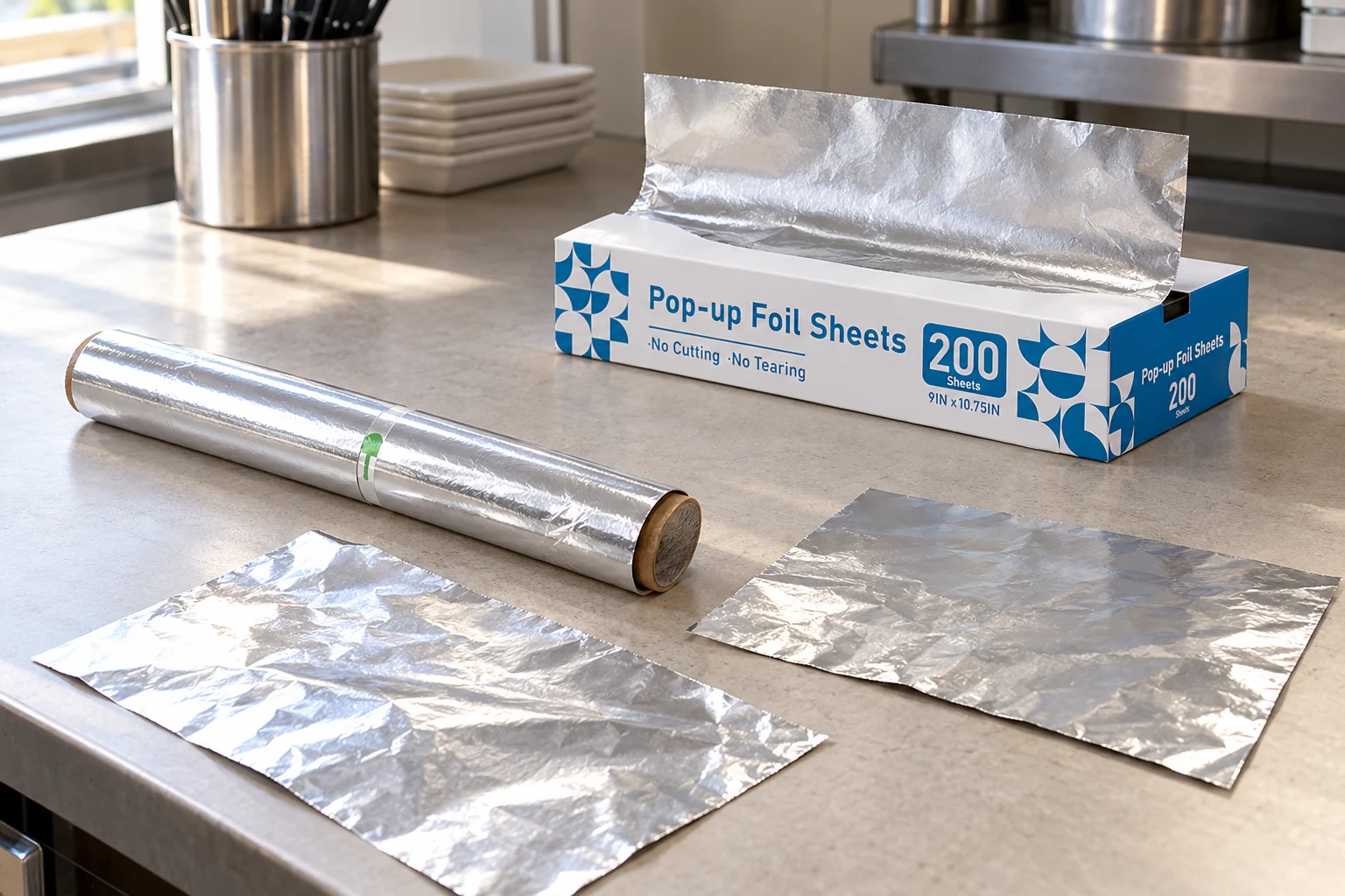 Blue-and-white pop-up foil-sheet box, foil roll and two loose foil sheets on a worktop