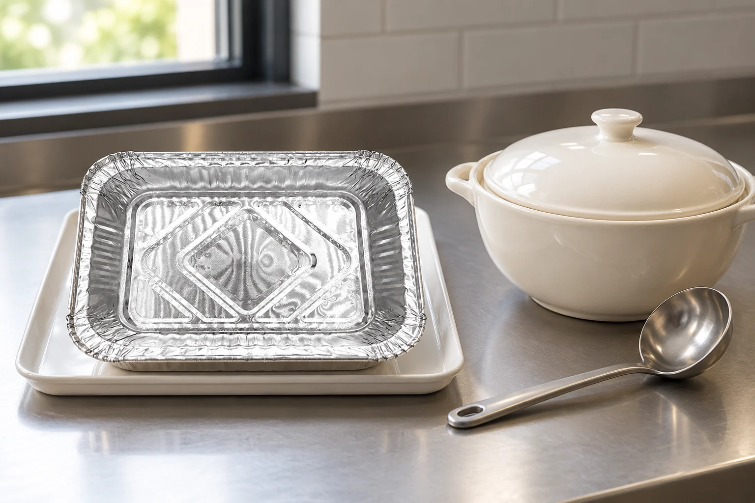 Empty foil container on a reusable serving tray beside a separate covered ceramic bowl and ladle