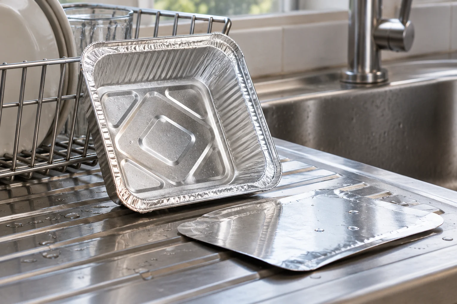Empty foil tray leaning against a drying rack with its separate lid beside a sink