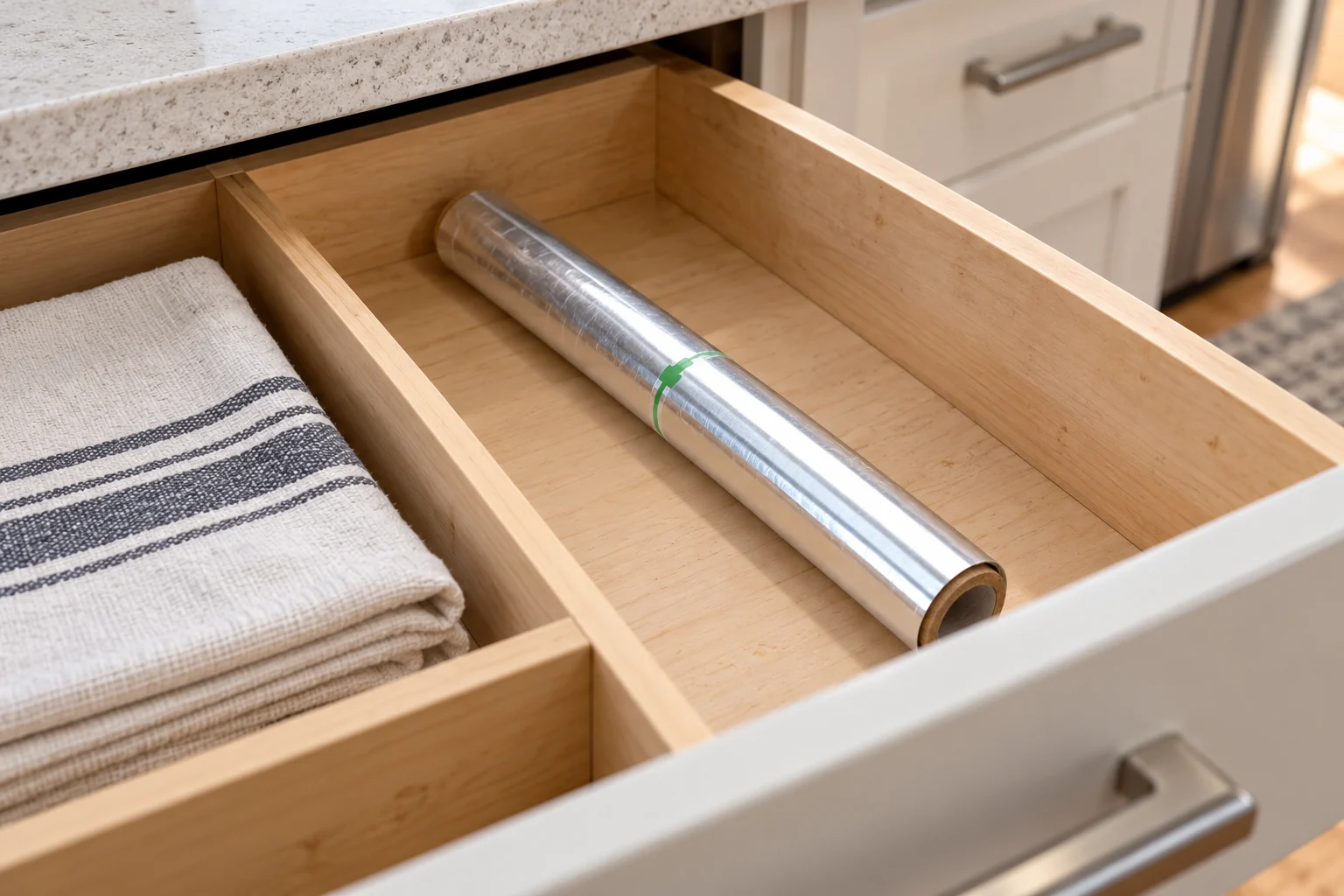 Foil roll in an open kitchen drawer beside a folded cloth in a separate compartment