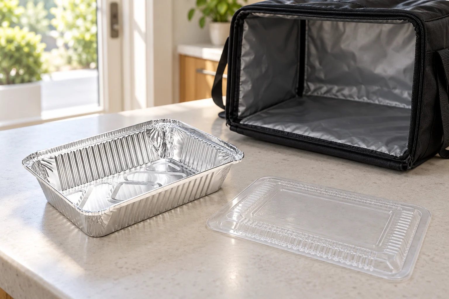 Empty foil tray and separate clear lid outside an open, empty insulated carrier